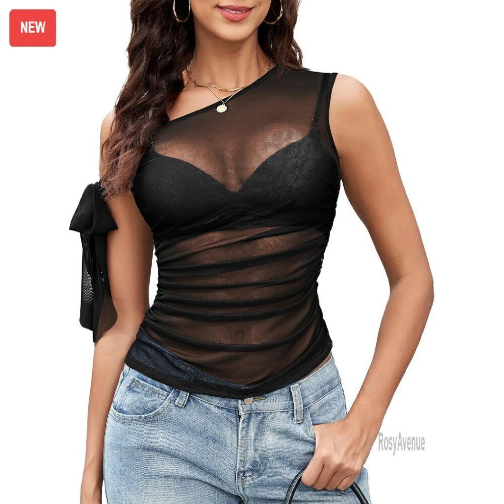 Sheer Mesh Off Shoulder Tie Top Ruching Summer Blouse